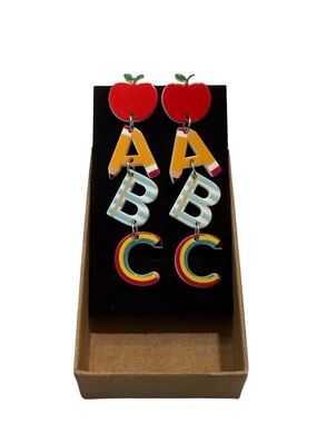 Playful ABC Apple Drop Earrings - Red, Yellow, Aqua, Rainbow